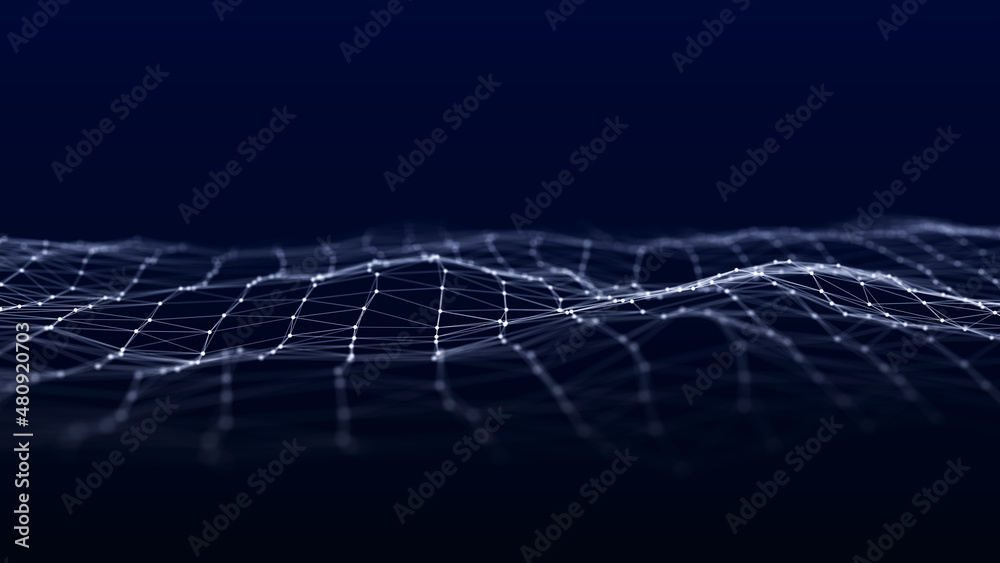Poster large digital data background. abstract wave with moving dots. 3d rendering