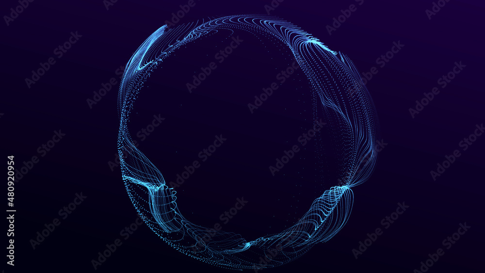 Poster futuristic twisted sphere made of lines and dots. technological background. data transmission networ