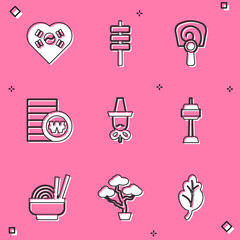 Set Love Korea with heart, Korean food tokpokki, hand fan, South won coin, hat, N Seoul tower, Asian noodles bowl and Bonsai tree icon. Vector
