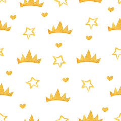Golden crown and star watercolor seamless pattern. Template for decorating designs and illustrations.