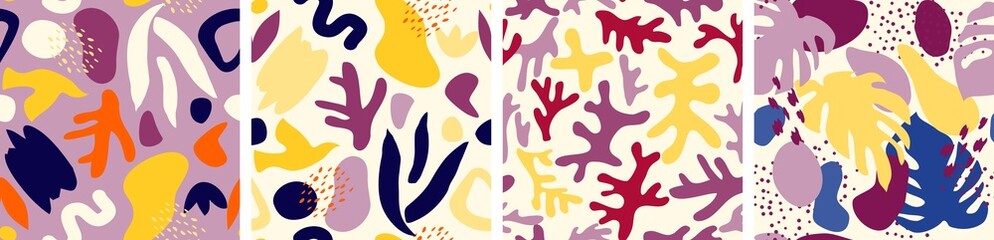 Fototapeta na wymiar Seamless pattern. Abstract trendy doodle in organic freehand matisse art style. Various Shapes and objects. Contemporary modern icons templates for posters, Social media. Vector