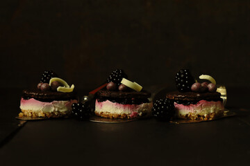 Brombeer Cheesecake Törtchen mit zweierlei Schokolade - 480921565
