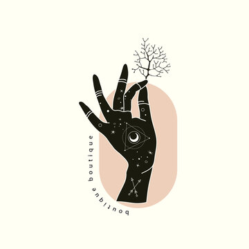 Spiritual esoteric magic logo or talisman with woman hands in silhouette style with stars, sacred geometry floral brunch. Alchemy mystic tattoo object logo