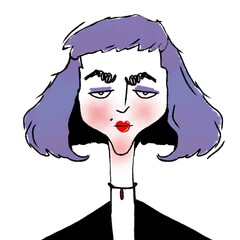 hand drawn caricature portrait of young stylish serious woman isolated on white