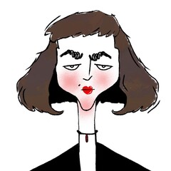 hand drawn caricature portrait of young stylish serious woman isolated on white