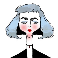 hand drawn caricature portrait of young stylish serious woman isolated on white