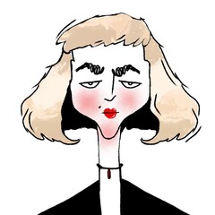 hand drawn caricature portrait of young stylish serious woman isolated on white