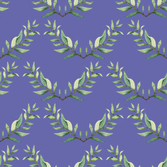 Fototapeta na wymiar Watercolor greenery seamless pattern, floral texture on blue background