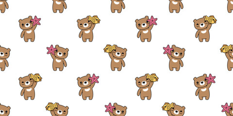 bear seamless pattern polar vector fish tuna salmon starfish cartoon teddy tile background repeat wallpaper doodle illustration scarf isolated animal design