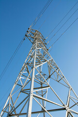 station, high voltage power lines. High voltage power transmission tower. Green energy concept