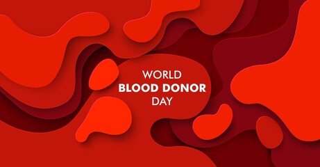 World Blood Donor Day, vector paper cut poster, banner template. Red blood liquid shape abstract background.