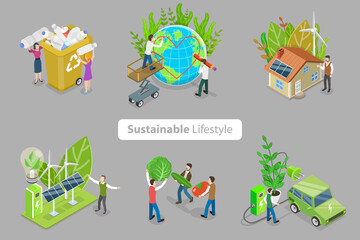 Naklejka premium 3D Isometric Flat Vector Conceptual Illustration of Sustainable Lifestyle