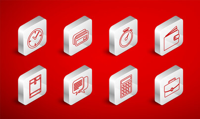 Set line Briefcase, Credit card, Stopwatch, Wallet, Calculator, Clock, Chat and Envelope icon. Vector