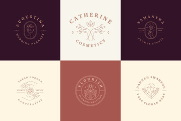 Feminine logos emblems design templates set with female hands and flowers vector illustrations minimal line art style