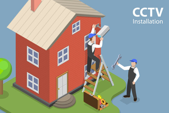 3D Isometric Flat Vector Conceptual Illustration of CCTV Installation