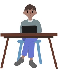 the guy is sitting on a chair at a table with a laptop and working