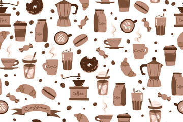 Seamless pattern of coffee stuff in doodle style, color vector illustration