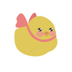 little cute yellow chicken in a pink bow with big black eyes