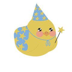 little cute yellow chick in blue wizard cap and magic blue robe with big black eyes