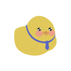 little cute yellow chick in a blue tie with big black eyes