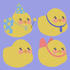 cute yellow chicks with magic mantle and wizard kalpok pink bow blue tie on blue background