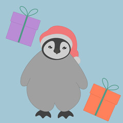 a little cute gray penguin is standing in a red christmas hat with two red and pink gifts on a blue background