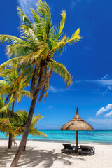 Palm trees in Paradise beach and straw umbrellas and tropical sea in Mauritius island. Summer vacation and tropical beach concept.