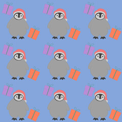 a little cute gray penguin is standing in a red christmas hat with two red and pink gifts on a blue background
