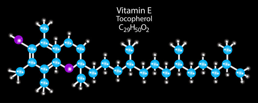 Vitamin E molecular structure. Tocopherol skeletal formula. Science art. Black backdrop. Vector illustration. Stock image.