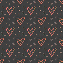 Hand drawn seamless pattern for Valentines Day on dark background. Can be used for wallpaper, pattern fills, web page background,surface textures.