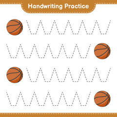 Handwriting practice. Tracing lines of Basketball. Educational children game, printable worksheet, vector illustration