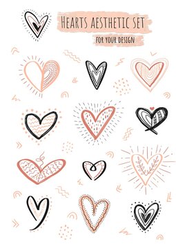 Valentines day hearts doodles set. Black and pink handrawn hearts on white background. Use for your designs, stickers, postcards, decoration.