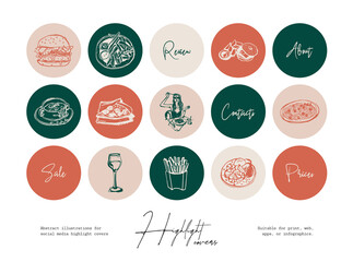 Set of hand drawn line art food and beverages illustrations for social media highlight cover
