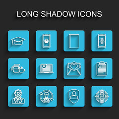 Set line Head with gear inside, Human resources, Graduation cap, User protection, Target dollar, Laptop resume, Clipboard dental card and Envelope Valentine heart icon. Vector