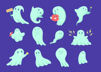 Cartoon Color Character Funny Happy Ghost Mascot Icon Set Flat Design Style. Vector illustration of Cute Ghosts