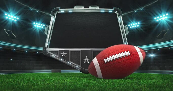 Rolling American football ball and steel shield with empty space for advertisement text. Green grass field and illuminated sport arena with light flashes. Two 4K video parts of loopable sport intro.
