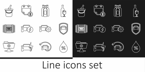 Set line Water drop percentage, Car protection or insurance, Bottles of wine, Electric car, Wooden barrel for, bucket, service and Calendar and clock icon. Vector