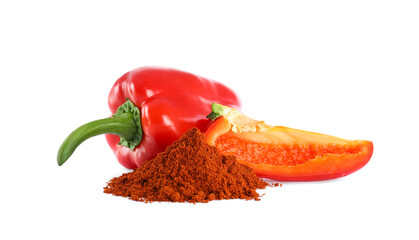 Fresh bell peppers and paprika powder on white background