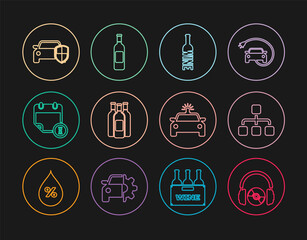 Set line Headphones and CD or DVD, Hierarchy organogram chart, Bottle of wine, Bottles, Calendar clock, Car protection insurance, Police car flasher and icon. Vector