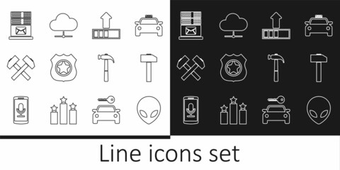 Set line Alien, Hammer, Loading, Police badge, Two crossed hammers, Mail server, and Network cloud connection icon. Vector