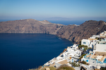 White villages on the clifftops of the caldera of Santorini