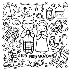 Eid Al Fitr Celebration Doodle Set, Idul Fitri Kawaii Clip Art