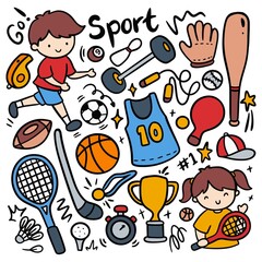 set of sport equipment in kawaii doodle style vector illustration
