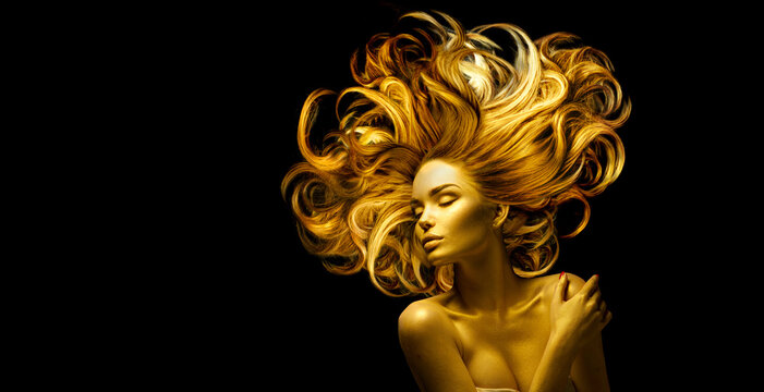 Gold Woman skin and hair, Beauty model girl with Golden make up, Long hair on black background. Gold glowing skin and fluttering hair. Metallic, glance Fashion art portrait, hairstyle, art design