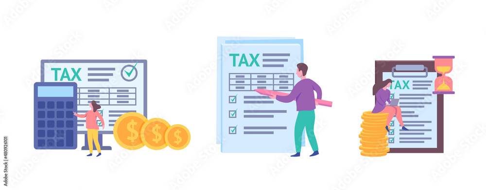 Sticker Cartoon Color Characters People and Taxes and Fees Paying Concept Flat Design Style. Vector illustration of Taxation Financial Documents