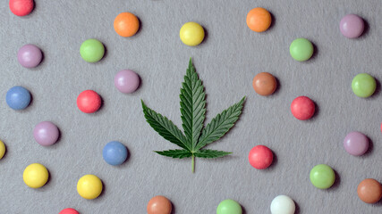 Cannabis leaf with colorful candy confetti close up. Marijuana sweets with CBD and THC on gray .background. Top view, flat lay.