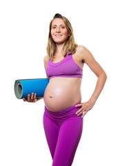 Happy pregnant woman with big belly over white