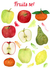 Watercolor hand draws fruits and abstract stain set on white background. Design for postcard or poster.