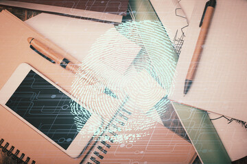 Double exposure of finger print over table with phone. Top view. Concept of mobile security.