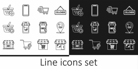 Set line Market store, Location shopping cart, Shopping, Mobile and, Refresh basket, Add, and Smartphone, mobile phone icon. Vector